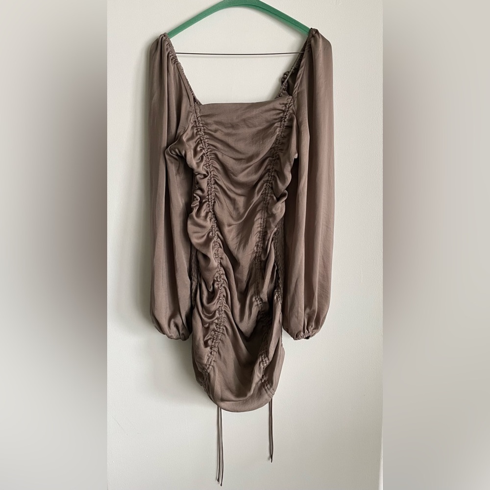Mable Mocha Ruched Dress Ballon Sleeves Size S